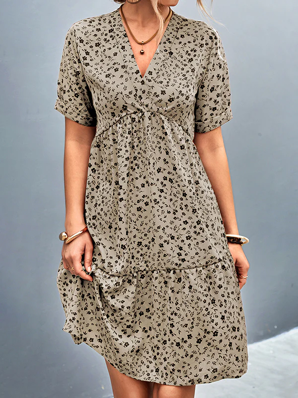 Short Sleeves Flower Print Split-Joint V-Neck Mini Dresses - Image 5