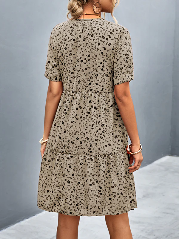 Short Sleeves Flower Print Split-Joint V-Neck Mini Dresses - Image 7