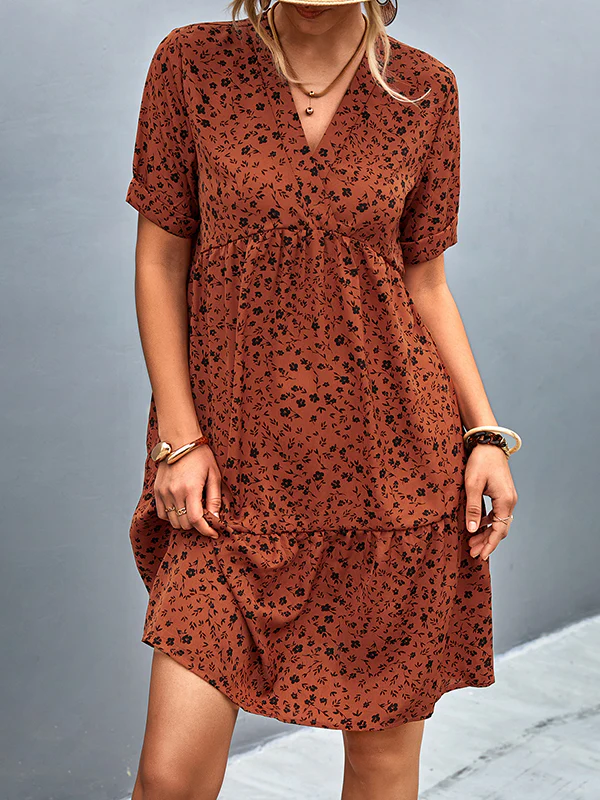 Short Sleeves Flower Print Split-Joint V-Neck Mini Dresses - Image 8