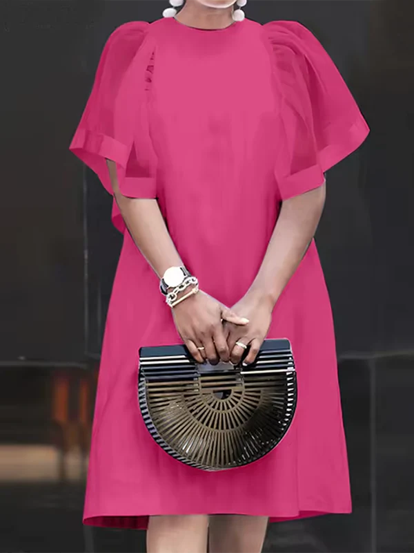 Short Sleeves Pleated See-Through Solid Color Split-Joint Round-Neck Mini Dresses - Image 2