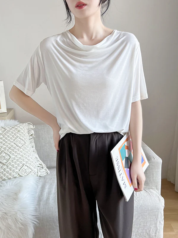 Short Sleeves Pleated Solid Color Heaps Collar T-Shirts Tops - Image 10