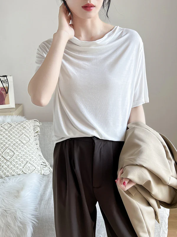 Short Sleeves Pleated Solid Color Heaps Collar T-Shirts Tops - Image 11
