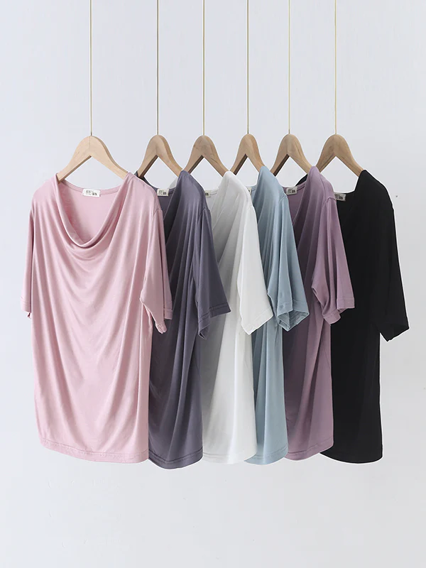 Short Sleeves Pleated Solid Color Heaps Collar T-Shirts Tops - Image 12
