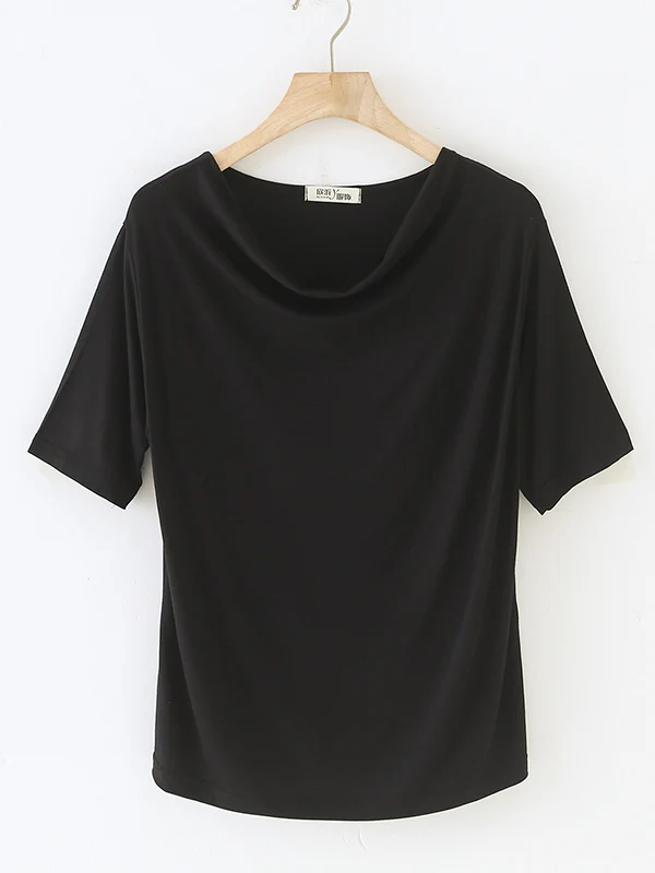 Short Sleeves Pleated Solid Color Heaps Collar T-Shirts Tops - Image 13