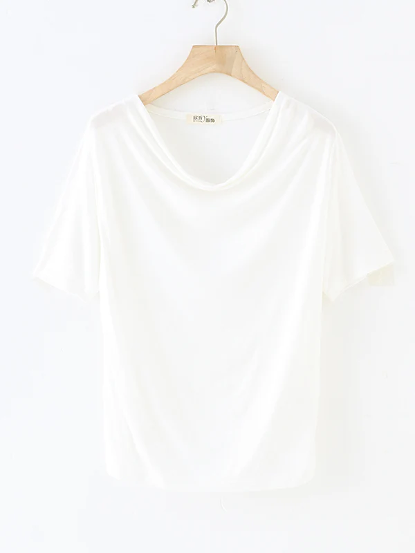 Short Sleeves Pleated Solid Color Heaps Collar T-Shirts Tops - Image 14