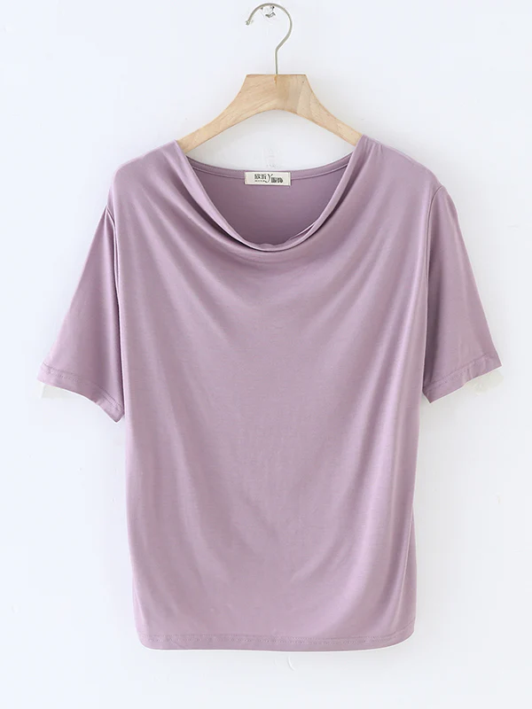Short Sleeves Pleated Solid Color Heaps Collar T-Shirts Tops - Image 15