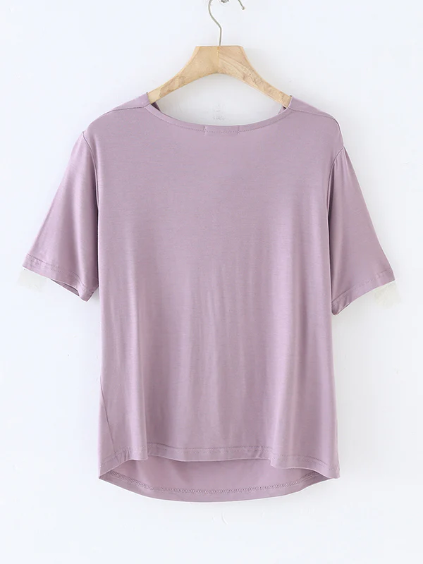 Short Sleeves Pleated Solid Color Heaps Collar T-Shirts Tops - Image 16