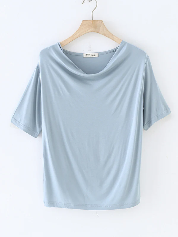 Short Sleeves Pleated Solid Color Heaps Collar T-Shirts Tops - Image 17