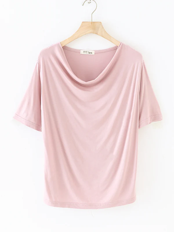 Short Sleeves Pleated Solid Color Heaps Collar T-Shirts Tops - Image 18