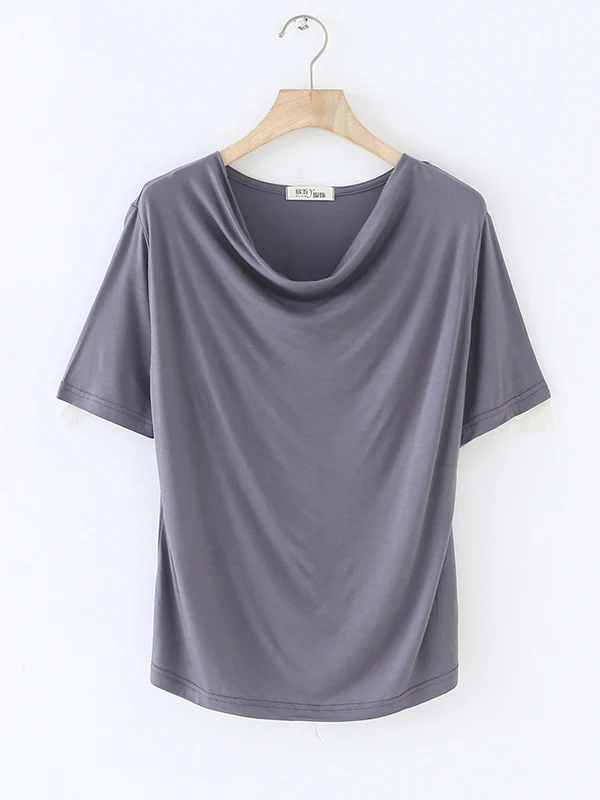 Short Sleeves Pleated Solid Color Heaps Collar T-Shirts Tops - Image 19