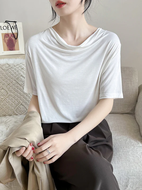 Short Sleeves Pleated Solid Color Heaps Collar T-Shirts Tops - Image 2