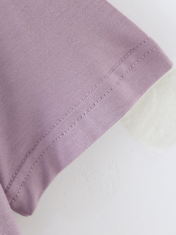 Short Sleeves Pleated Solid Color Heaps Collar T-Shirts Tops - Image 21