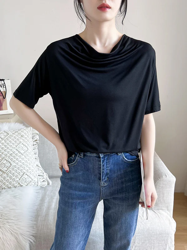 Short Sleeves Pleated Solid Color Heaps Collar T-Shirts Tops - Image 3