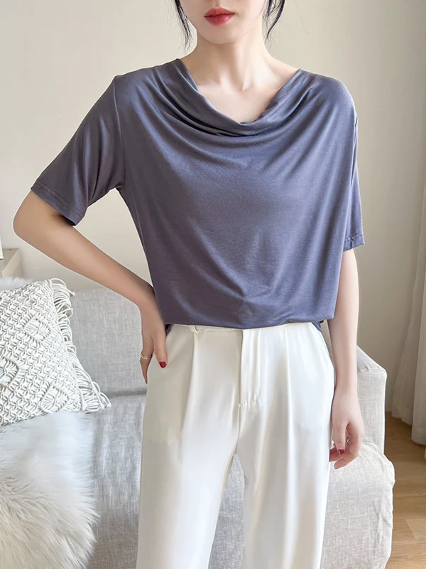 Short Sleeves Pleated Solid Color Heaps Collar T-Shirts Tops - Image 4