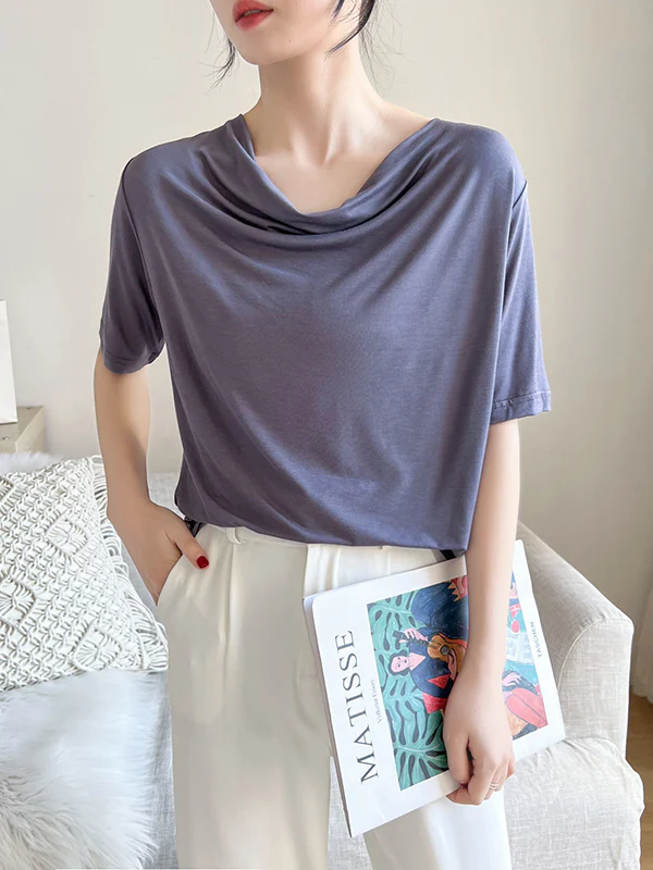 Short Sleeves Pleated Solid Color Heaps Collar T-Shirts Tops - Image 5