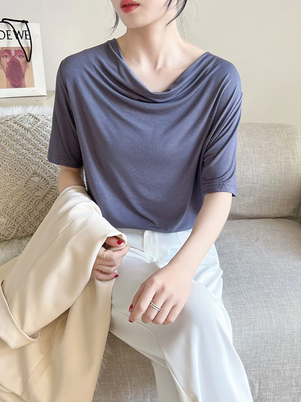 Short Sleeves Pleated Solid Color Heaps Collar T-Shirts Tops - Image 6