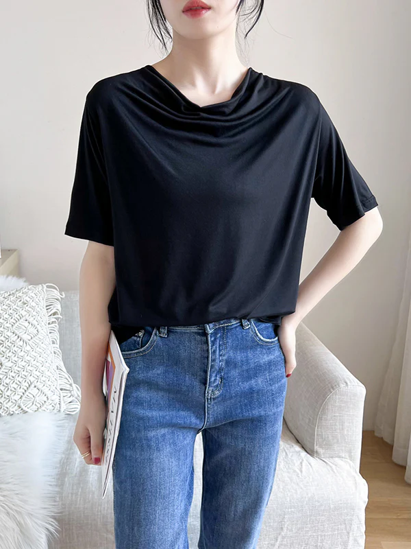 Short Sleeves Pleated Solid Color Heaps Collar T-Shirts Tops - Image 7