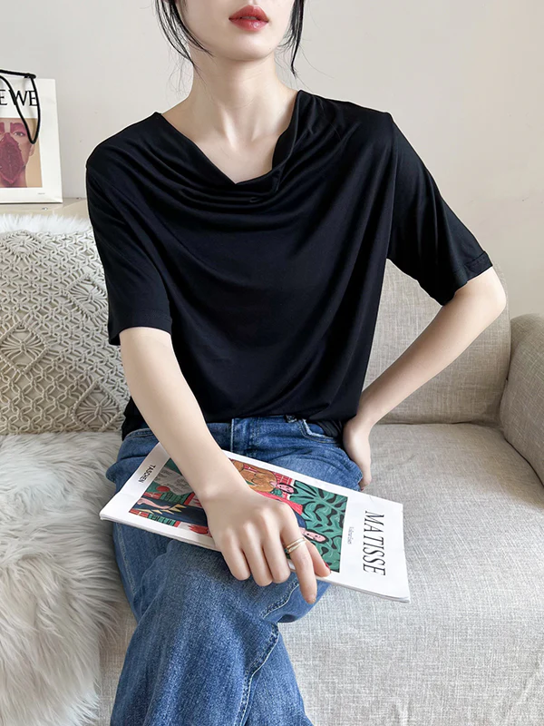 Short Sleeves Pleated Solid Color Heaps Collar T-Shirts Tops - Image 8