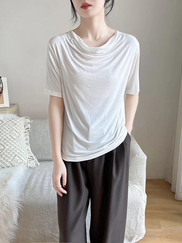 Short Sleeves Pleated Solid Color Heaps Collar T-Shirts Tops - Image 9