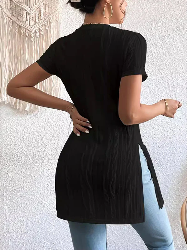 Short Sleeves Pleated Solid Color Split-Joint Split-Side Round-Neck T-Shirts - Image 3