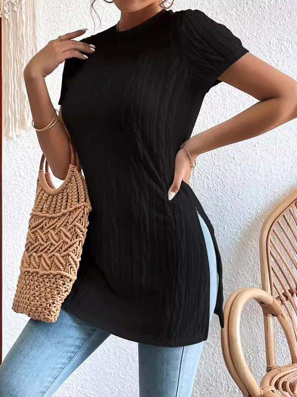 Short Sleeves Pleated Solid Color Split-Joint Split-Side Round-Neck T-Shirts - Image 4