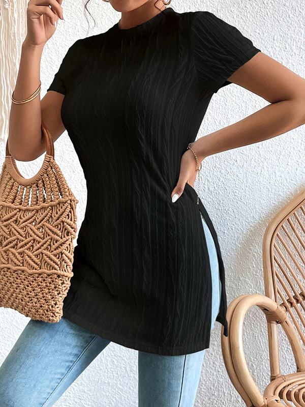 Short Sleeves Pleated Solid Color Split-Joint Split-Side Round-Neck T-Shirts - Image 5