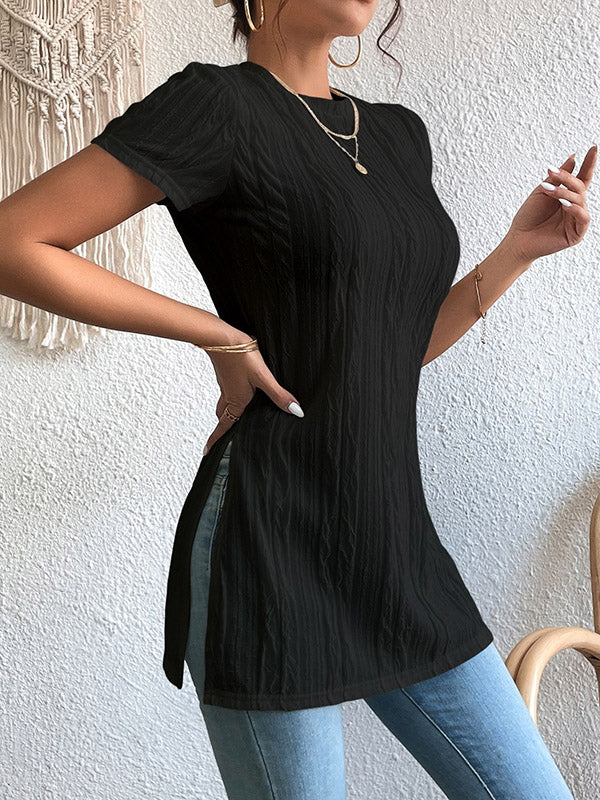Short Sleeves Pleated Solid Color Split-Joint Split-Side Round-Neck T-Shirts - Image 6