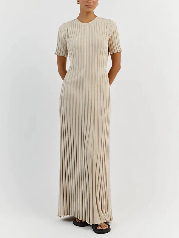 Short Sleeves Pleated Solid Color Tied Waist Round-Neck Maxi Dresses - Image 3