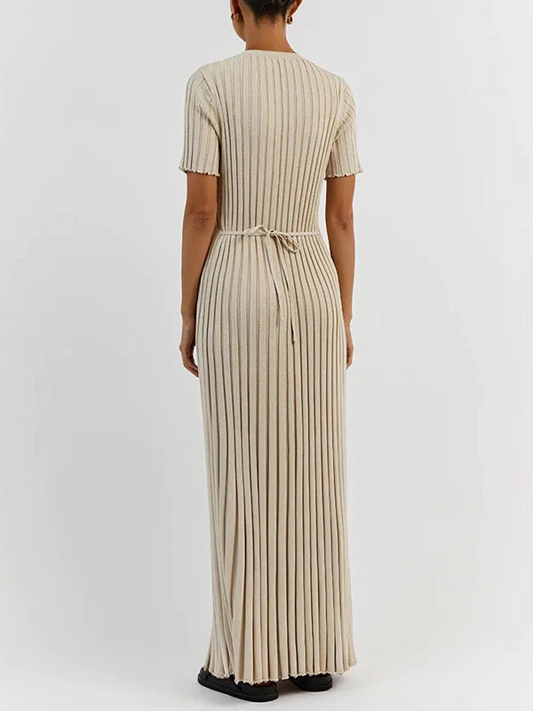 Short Sleeves Pleated Solid Color Tied Waist Round-Neck Maxi Dresses - Image 4
