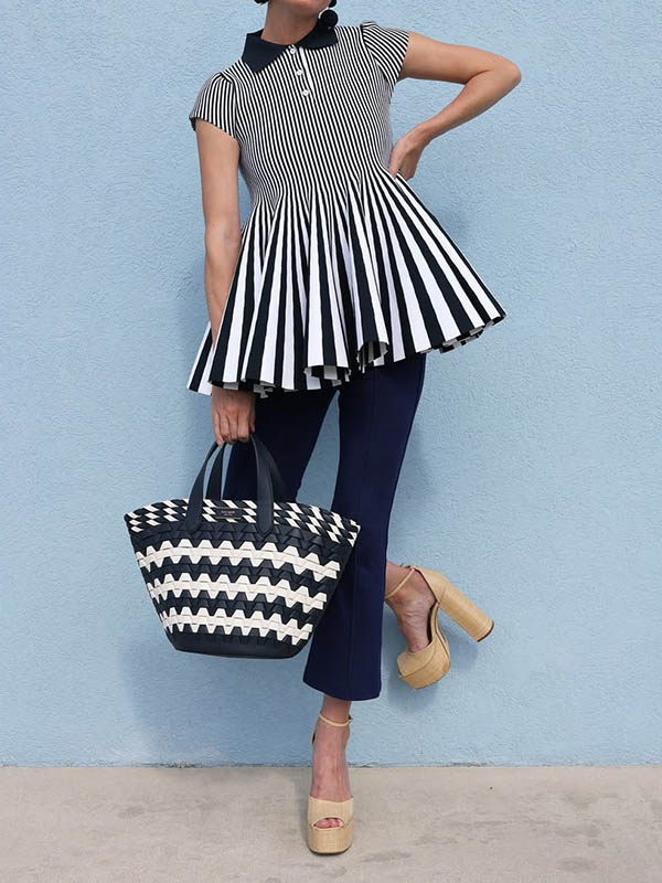 Short Sleeves Pleated Split-Joint Striped Patterns Lapel Blouses&Shirts Tops - Image 2