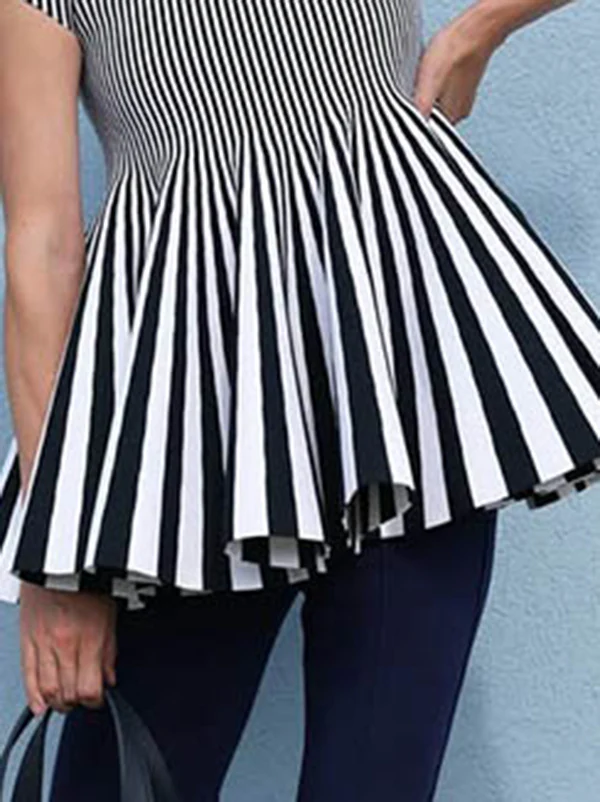 Short Sleeves Pleated Split-Joint Striped Patterns Lapel Blouses&Shirts Tops - Image 3