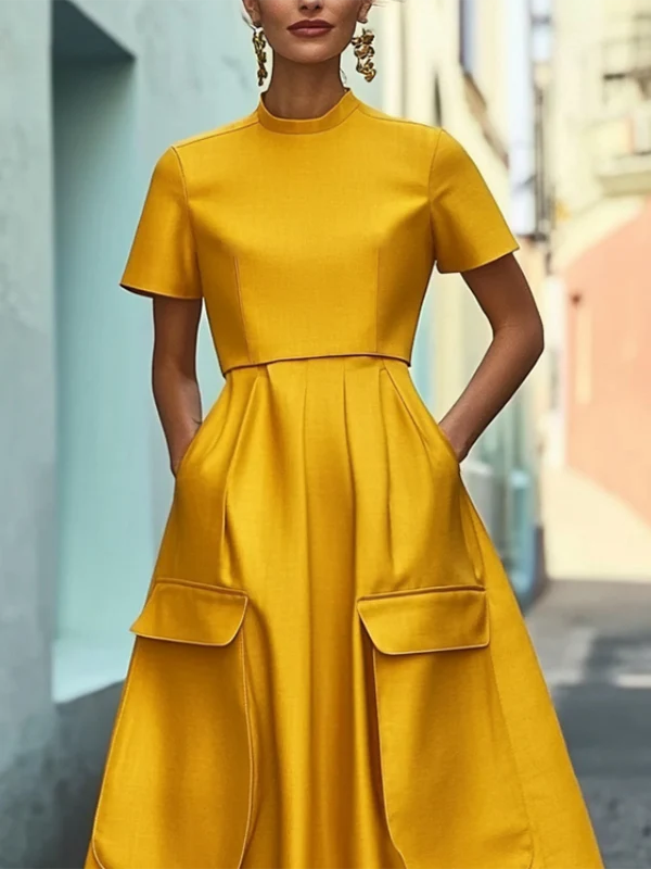 Short Sleeves Pockets Solid Color Stand Collar Maxi Dresses - Image 2