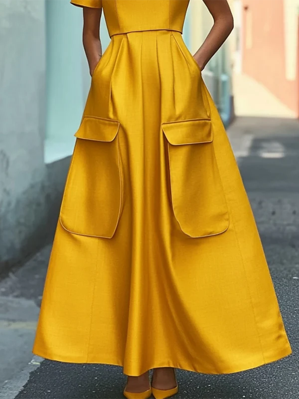 Short Sleeves Pockets Solid Color Stand Collar Maxi Dresses - Image 3