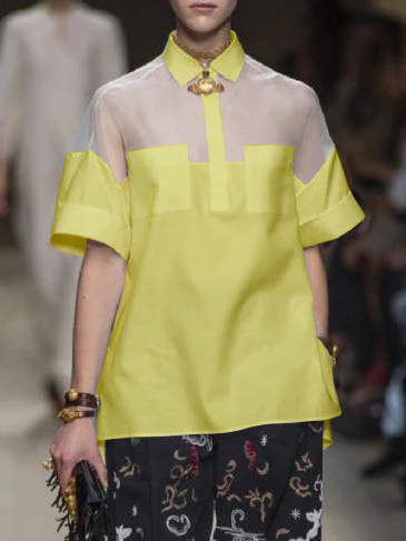 Short Sleeves See-Through Solid Color Split-Joint Lapel Blouses&Shirts Tops - Image 10