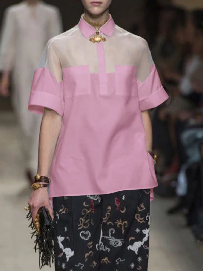 Short Sleeves See-Through Solid Color Split-Joint Lapel Blouses&Shirts Tops - Image 11