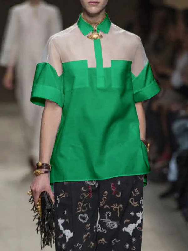 Short Sleeves See-Through Solid Color Split-Joint Lapel Blouses&Shirts Tops - Image 12