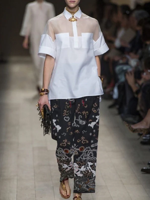 Short Sleeves See-Through Solid Color Split-Joint Lapel Blouses&Shirts Tops - Image 2
