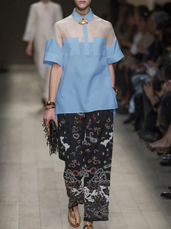 Short Sleeves See-Through Solid Color Split-Joint Lapel Blouses&Shirts Tops - Image 3