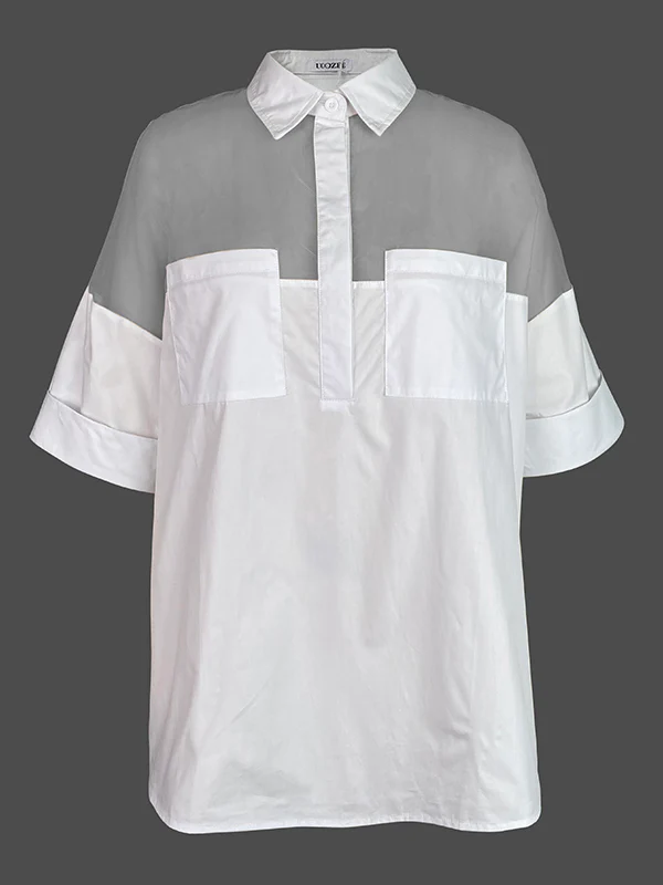 Short Sleeves See-Through Solid Color Split-Joint Lapel Blouses&Shirts Tops - Image 4