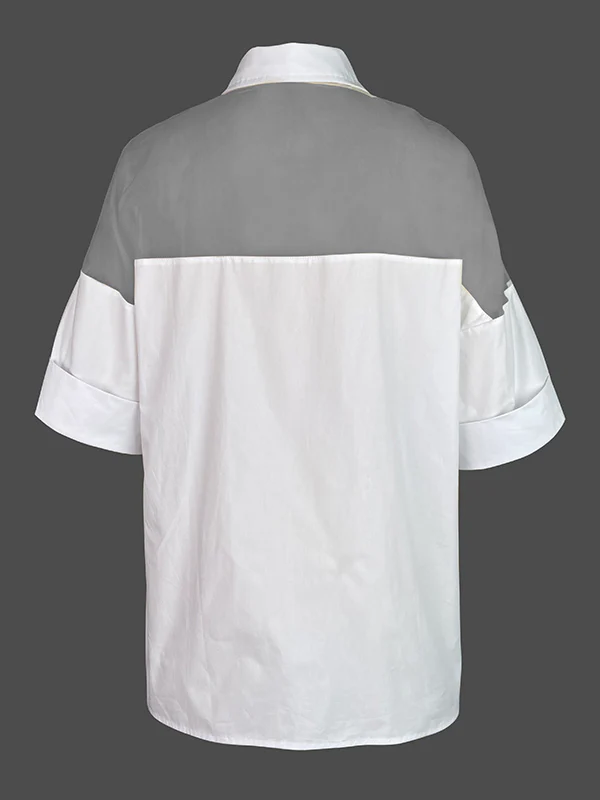 Short Sleeves See-Through Solid Color Split-Joint Lapel Blouses&Shirts Tops - Image 5