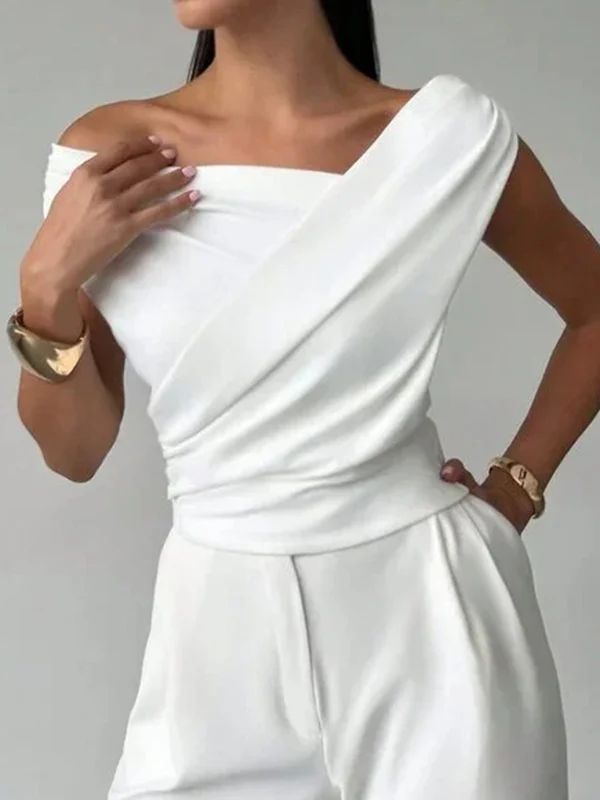 Short Sleeves Skinny Asymmetric Pleated Solid Color Split-Joint Asymmetric Neckline T-Shirts Tops - Image 2