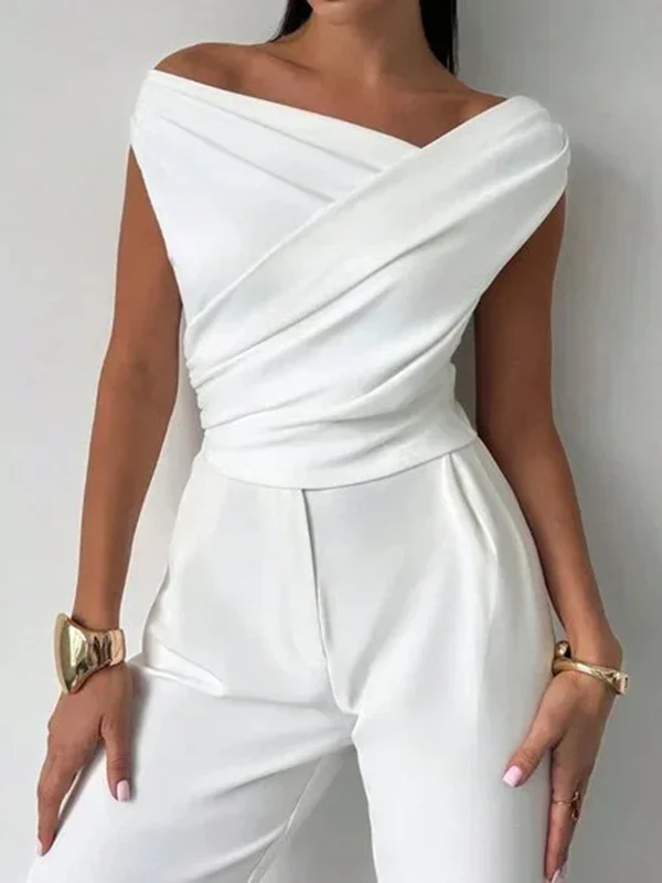 Short Sleeves Skinny Asymmetric Pleated Solid Color Split-Joint Asymmetric Neckline T-Shirts Tops - Image 3