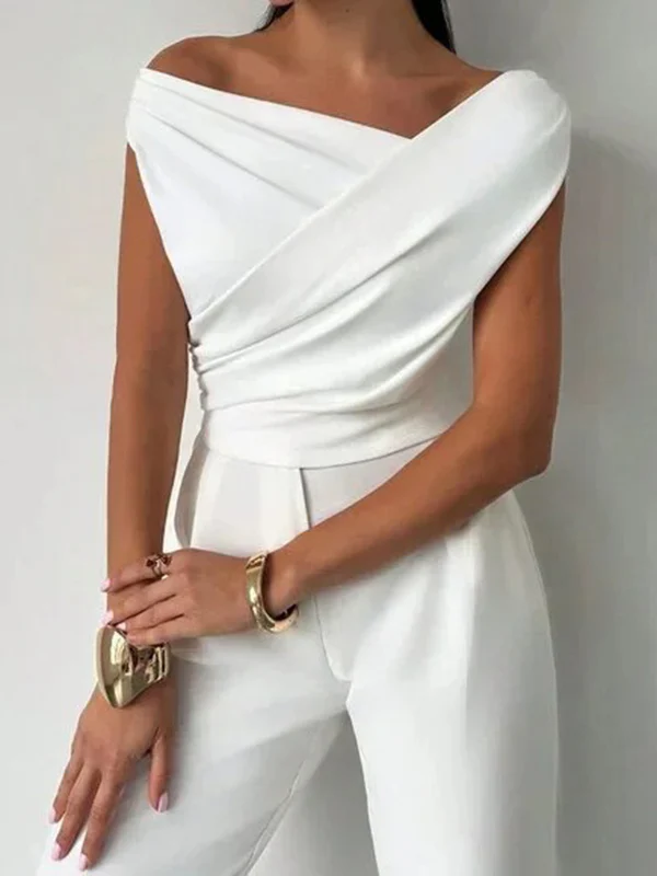 Short Sleeves Skinny Asymmetric Pleated Solid Color Split-Joint Asymmetric Neckline T-Shirts Tops - Image 4
