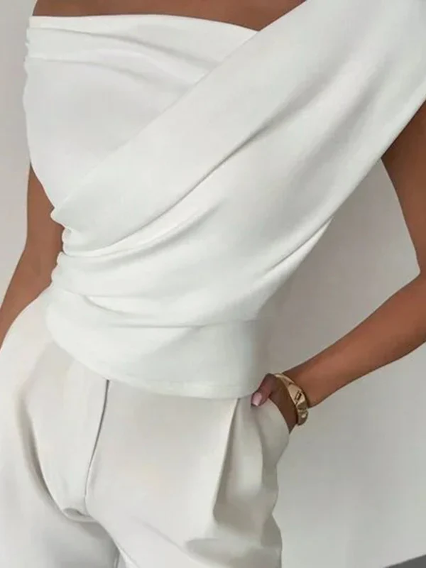 Short Sleeves Skinny Asymmetric Pleated Solid Color Split-Joint Asymmetric Neckline T-Shirts Tops - Image 7