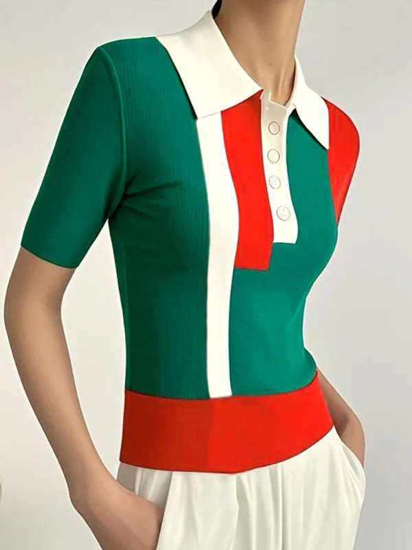 Short Sleeves Skinny Buttoned Contrast Color Lapel Polo-Style T-Shirts Tops - Image 2