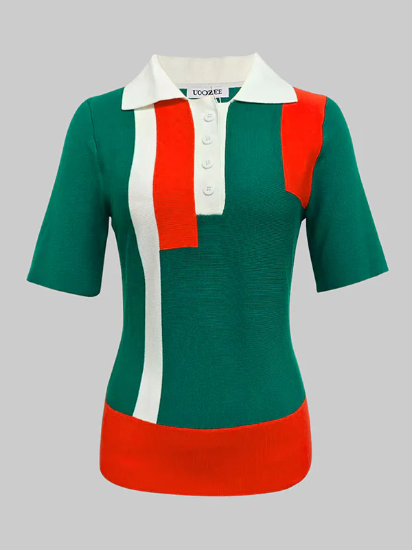 Short Sleeves Skinny Buttoned Contrast Color Lapel Polo-Style T-Shirts Tops - Image 3