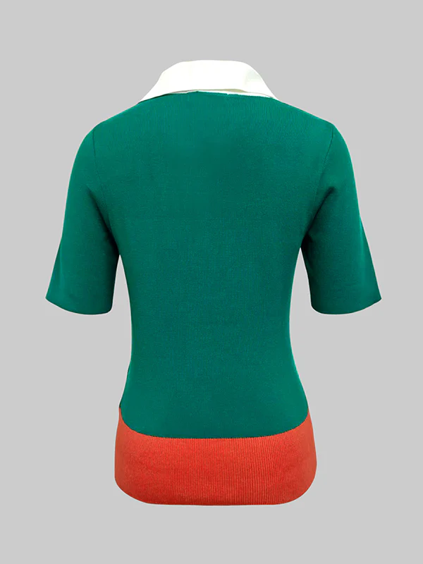 Short Sleeves Skinny Buttoned Contrast Color Lapel Polo-Style T-Shirts Tops - Image 4