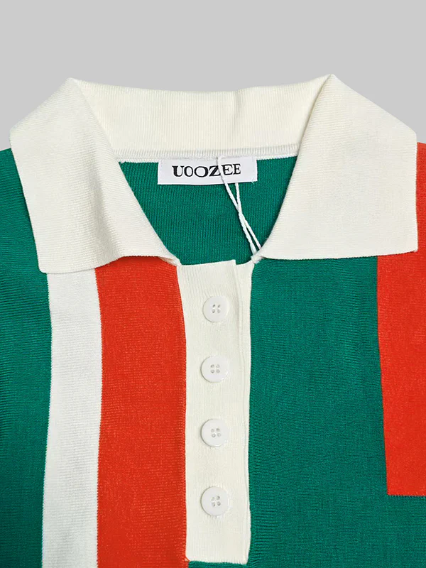 Short Sleeves Skinny Buttoned Contrast Color Lapel Polo-Style T-Shirts Tops - Image 7