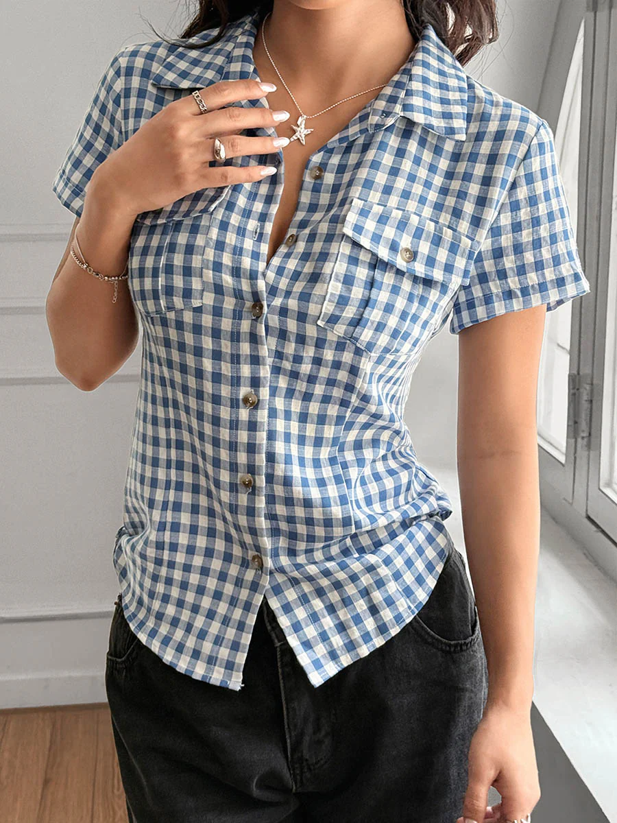 Short Sleeves Skinny Buttoned Contrast Color Plaid Split-Joint Lapel Blouses&Shirts Tops - Image 4