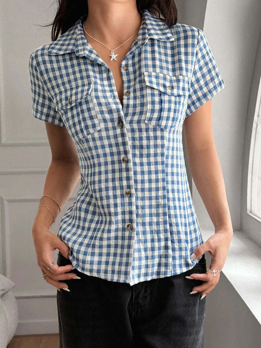 Short Sleeves Skinny Buttoned Contrast Color Plaid Split-Joint Lapel Blouses&Shirts Tops - Image 5